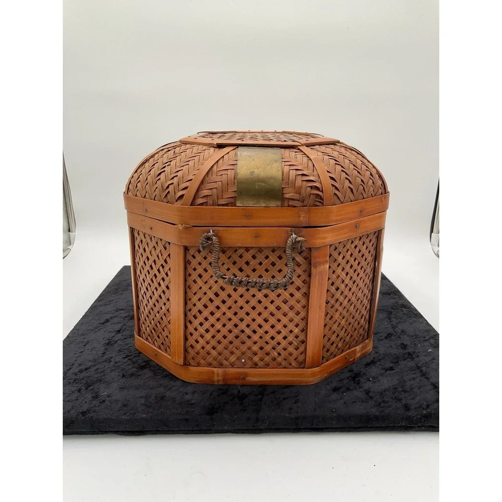 Vintage Rustic French Country Wicker/Wood Chest Brass Basket Wove Copper Inlay
